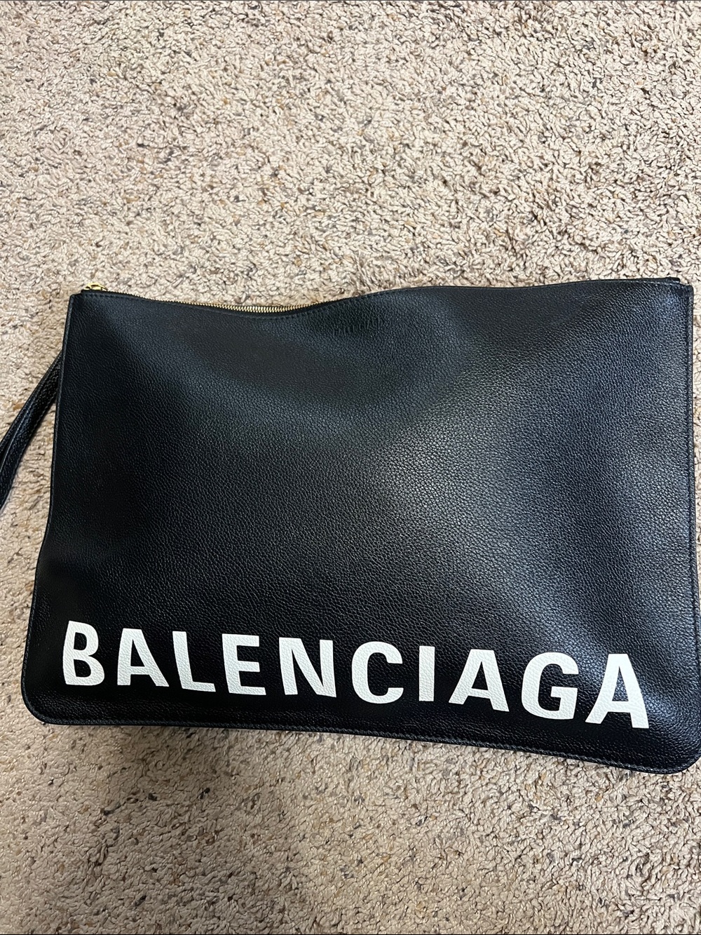 Balenciaga Black Leather Logo Wristlet Pouch with White Lettering